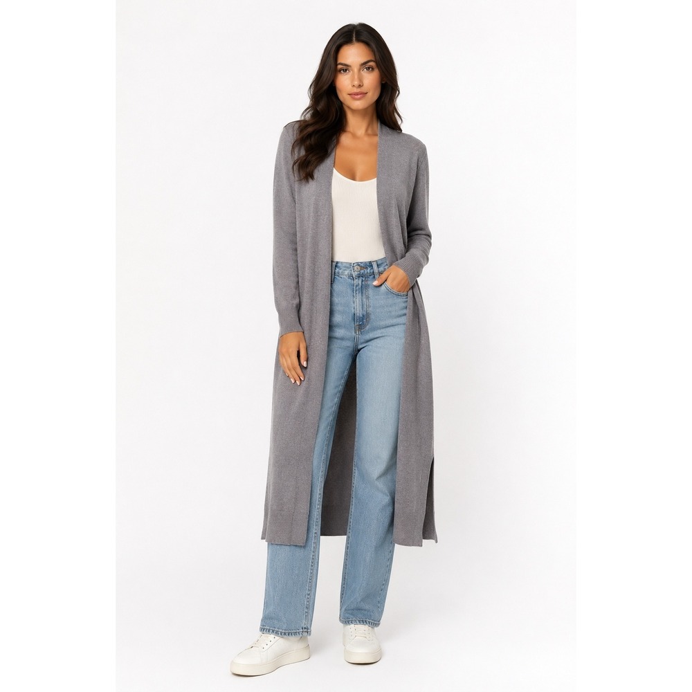 Zara Long Knit Duster Cardigan Taupe Gray Open Front Lightweight Size S